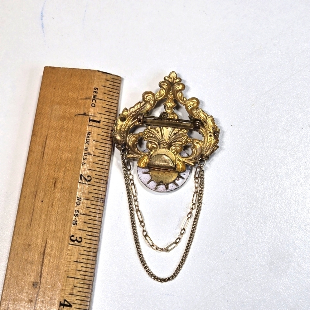Vintage Art Deco Steampunk Victorian Clock Watch Brooch Green Gold Crystals - Picture 4 of 4